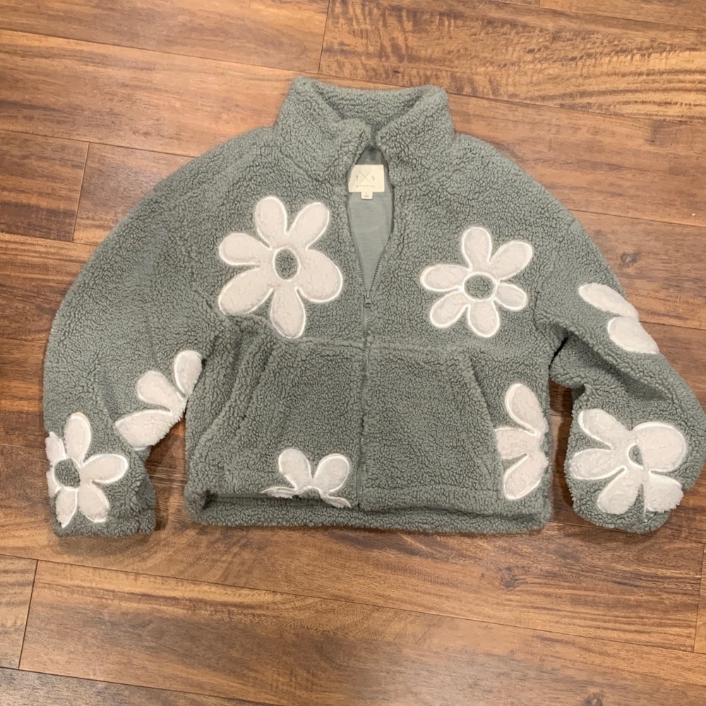 LG Thread And Supply Cozy Sage Green Sherpa Jacket with Cream Daisy Appliqués